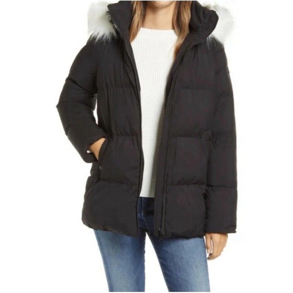 Sam Edelman Faux Fur Trim Removeable Hooded Puffer Jacket Black XSMALL